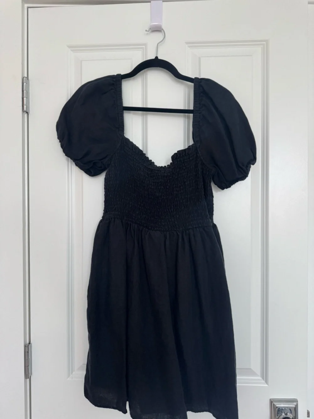 J.Crew Black Linen Mini Dress with Puff Sleeves Size M